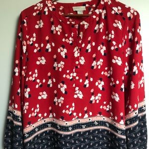 Loft Floral Red and Navy Blouse, Size Large